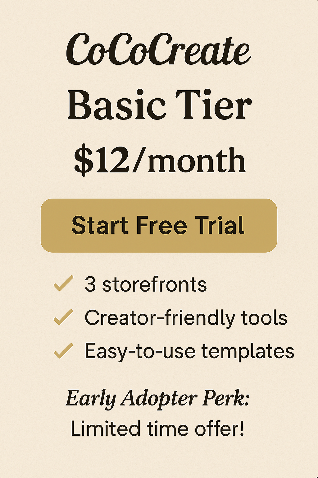 Promotional graphic for CoCoCreate Basic Tier with pricing and features on a beige background