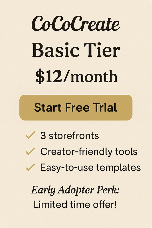 Promotional graphic for CoCoCreate Basic Tier with pricing and features on a beige background