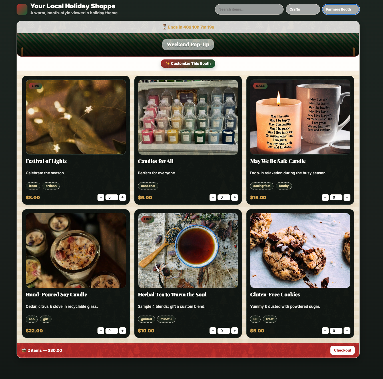 Screenshot of a holiday-themed online store with product images and prices.