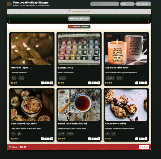 Screenshot of a holiday-themed online store with product images and prices.
