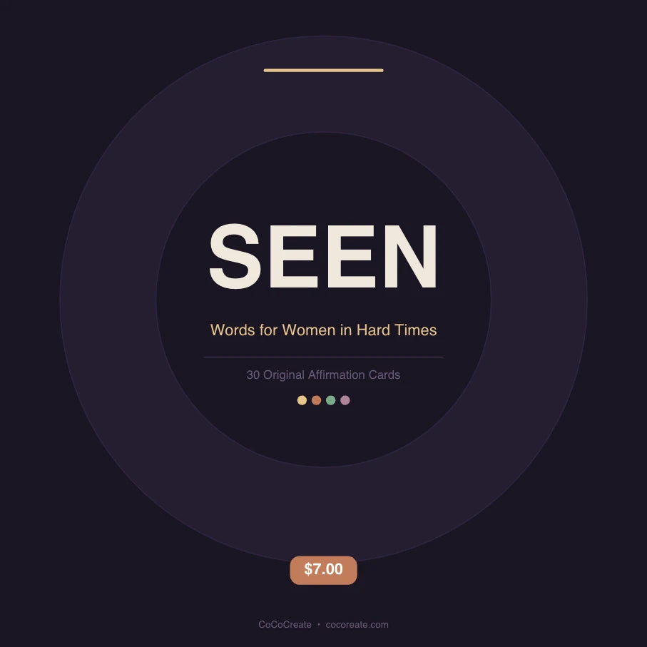 A dark purple affirmation card with SEEN written on it.