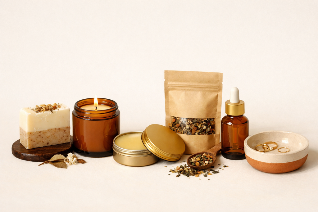 A lineup of soaps, balms and oils in wild honey palette