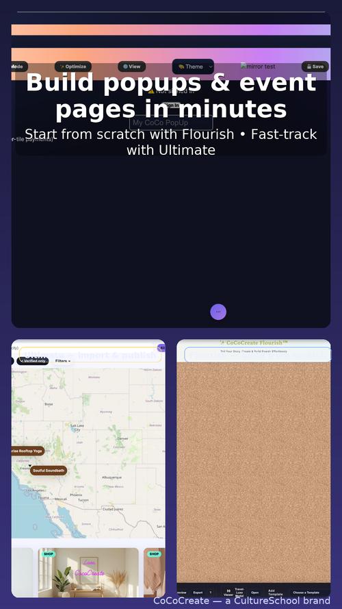 Promotional graphic for building popups and event pages with Flourish and Ultimate, featuring a map and corkboard design.