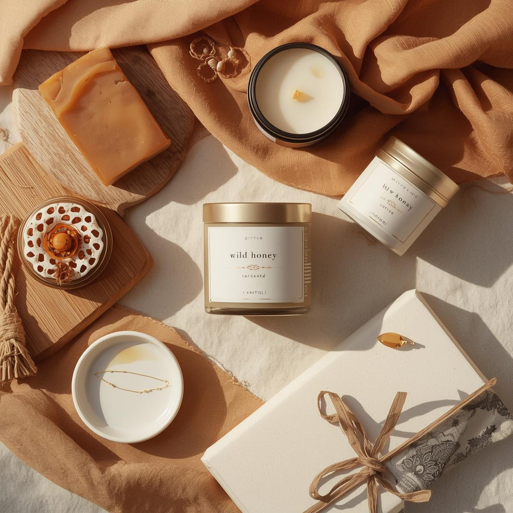 Candle, soap, and decorative items on a textured surface with warm lighting