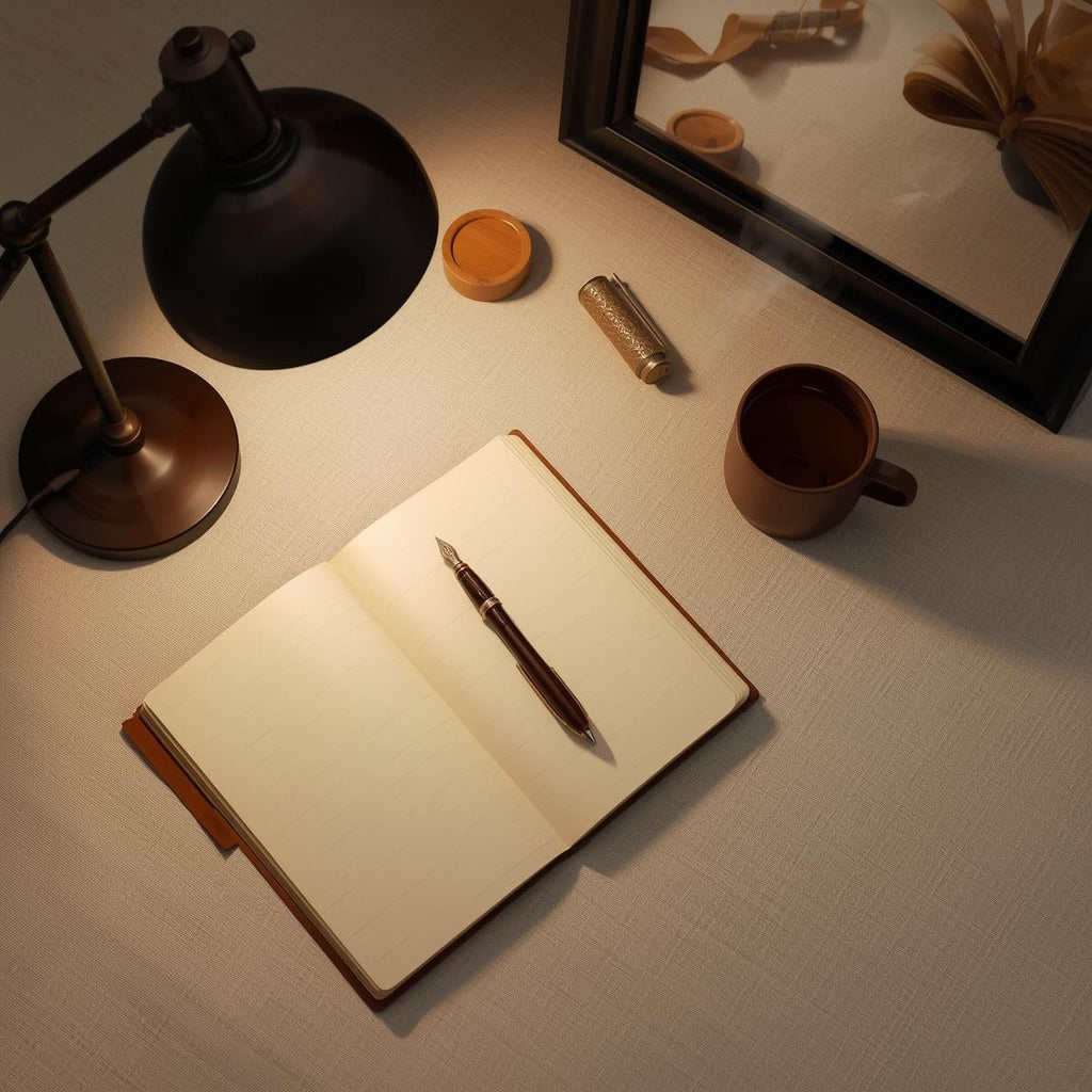 Open notebook with pen, mug, and lamp on a desk